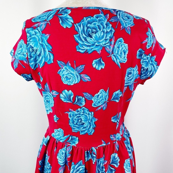 Pinup Couture Evelyn Cocktail Dress Large Red Blue Rose Floral Jacket Shrug 2pc - Picture 8 of 11